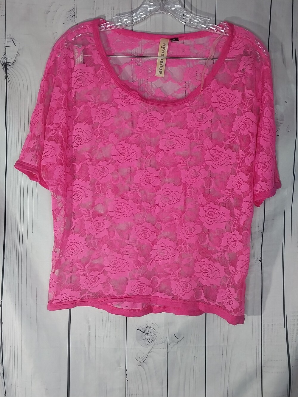 Eyeshadow Sheer Hot Pink Floral Lace Short-Sleeve Y2K Fashion Coquette Crop Top